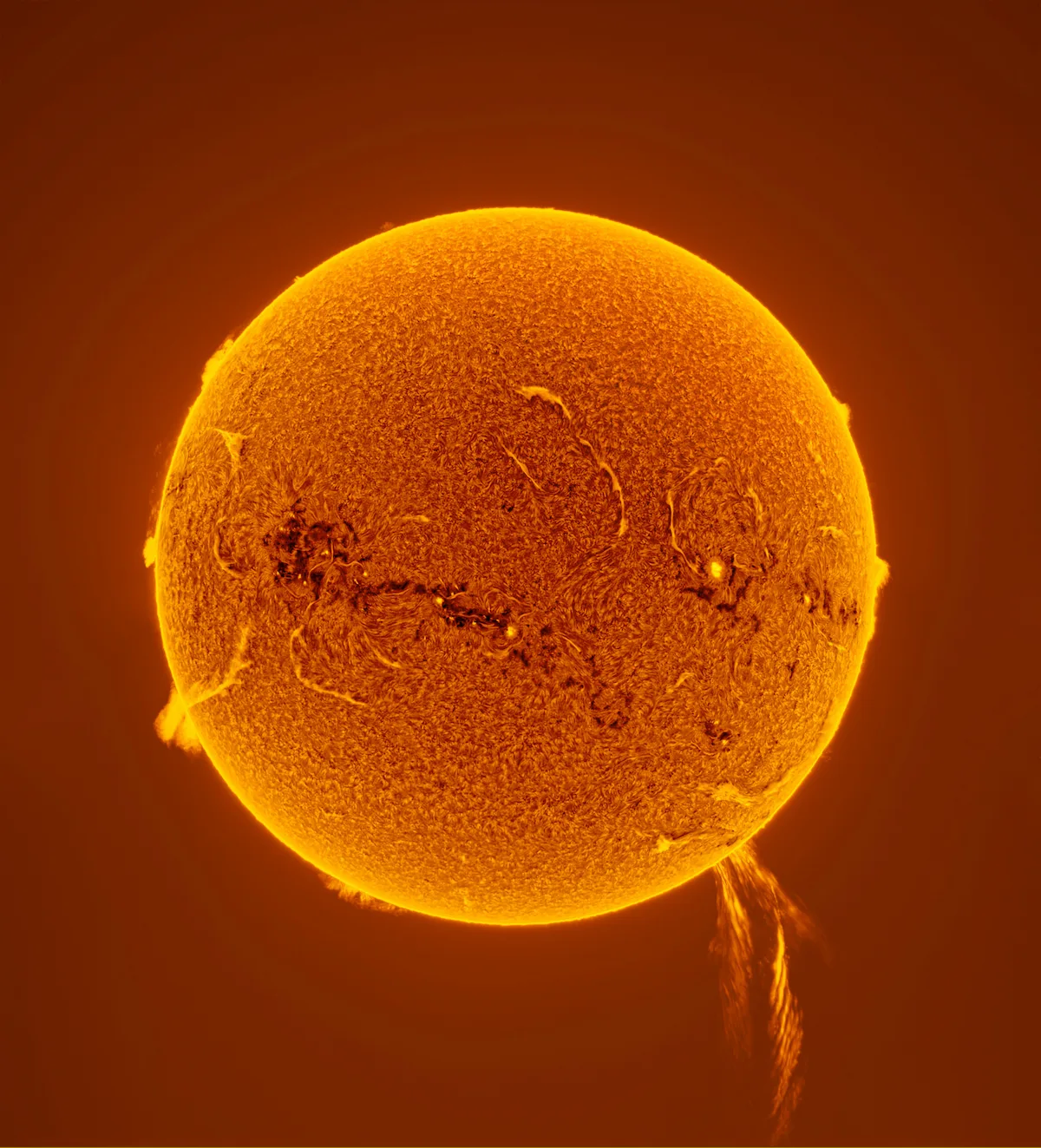 A detailed solar image showing a massive prominence erupting from the Suns surface  extending far into space against a darker background