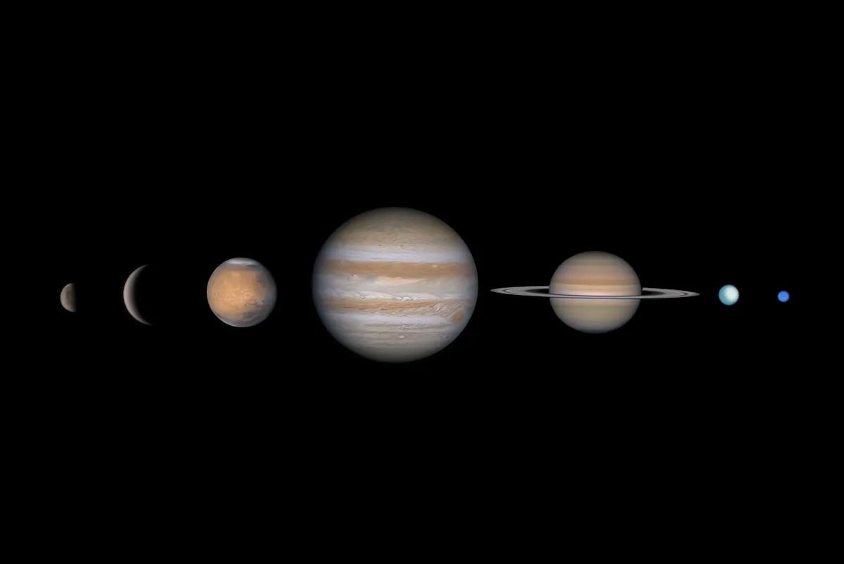 An image showing all the planets of the Solar System except Earth arranged in a single composition each with its distinct colours and textures against a dark background