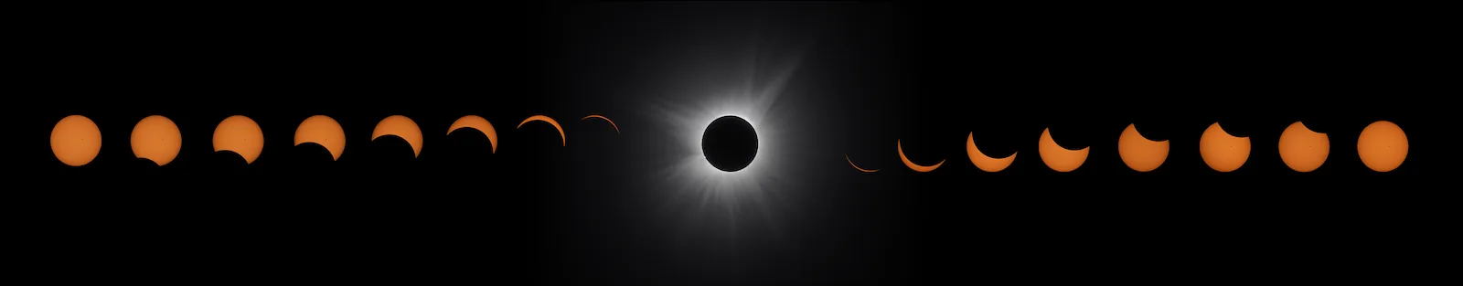 An image showing a panoramic sequence of the 2024 total solar eclipse with the Sun transitioning through its different stages against a dark sky
