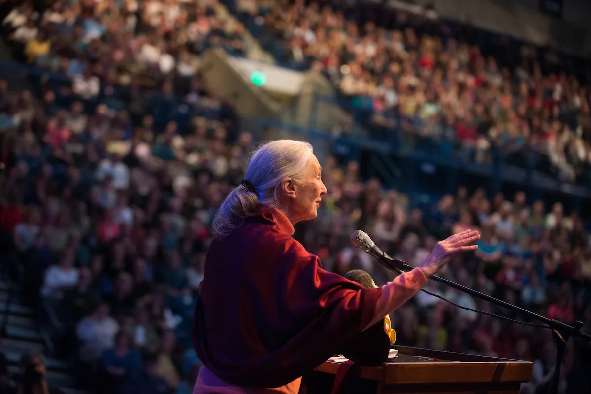 Jane Goodall behind a podium in a lecture hall at Gonzaga University with a large audience in the background 